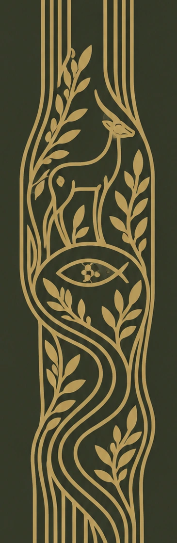 PERAIA’s illustrated deer, olive branches and flowing river motif.
