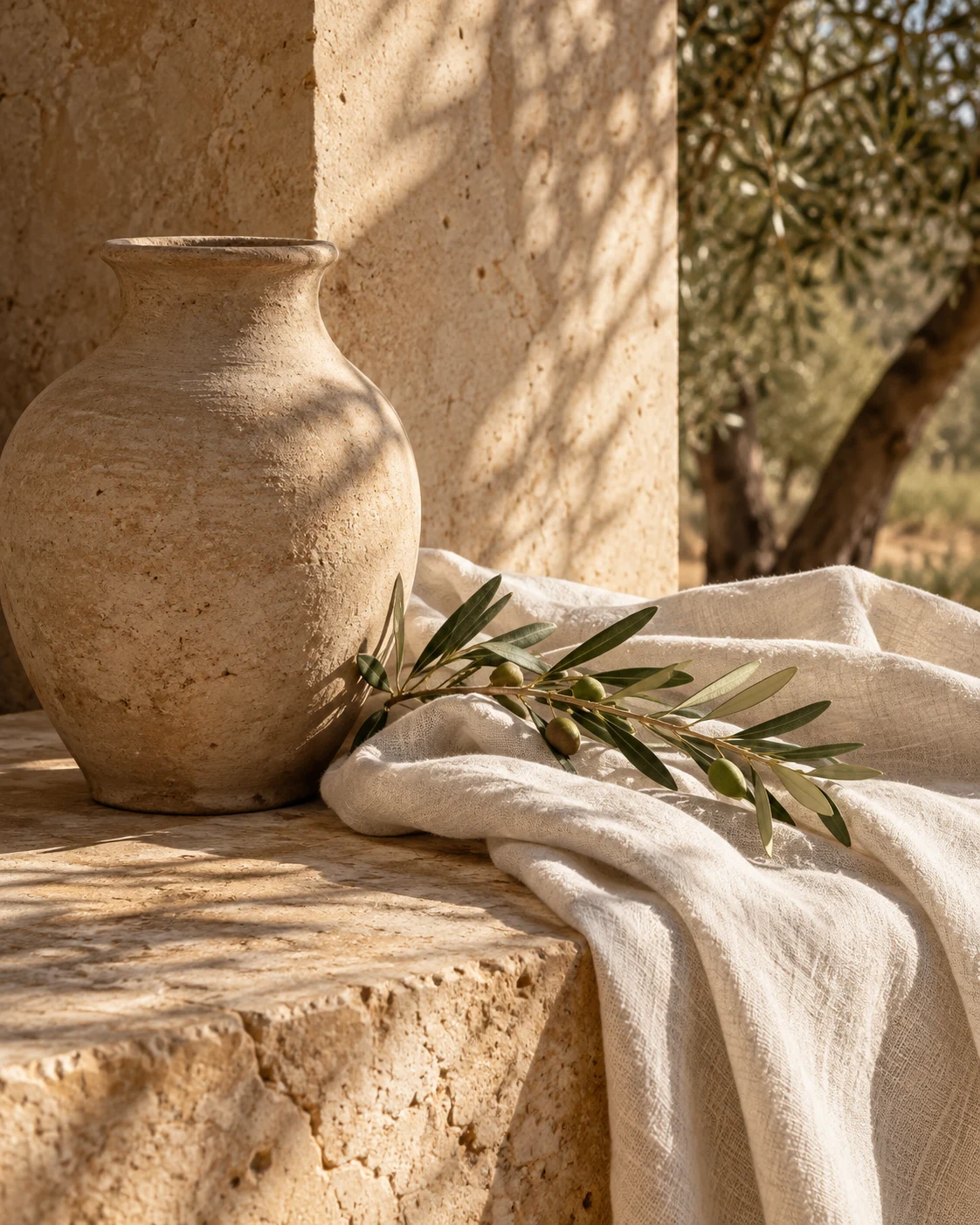 An olive branch in a simple ceramic vessel beside linen on warm stone.